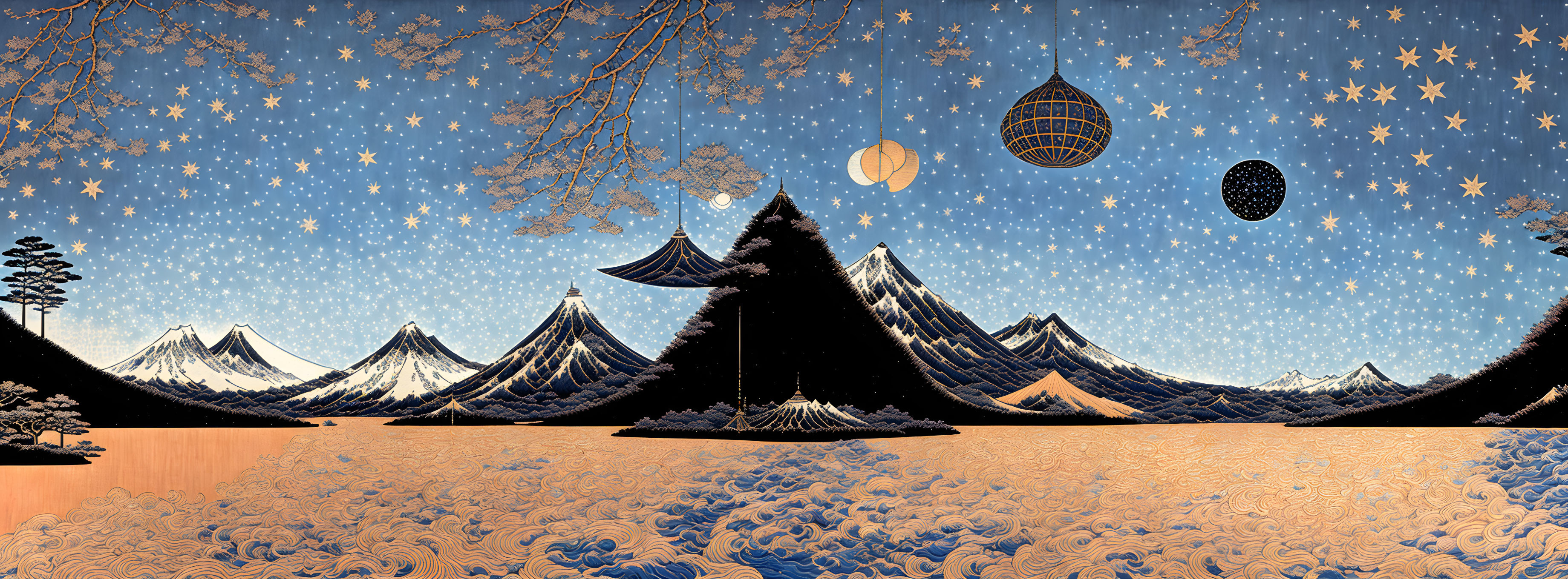 Stylized mountain range with cherry blossoms under star-filled sky