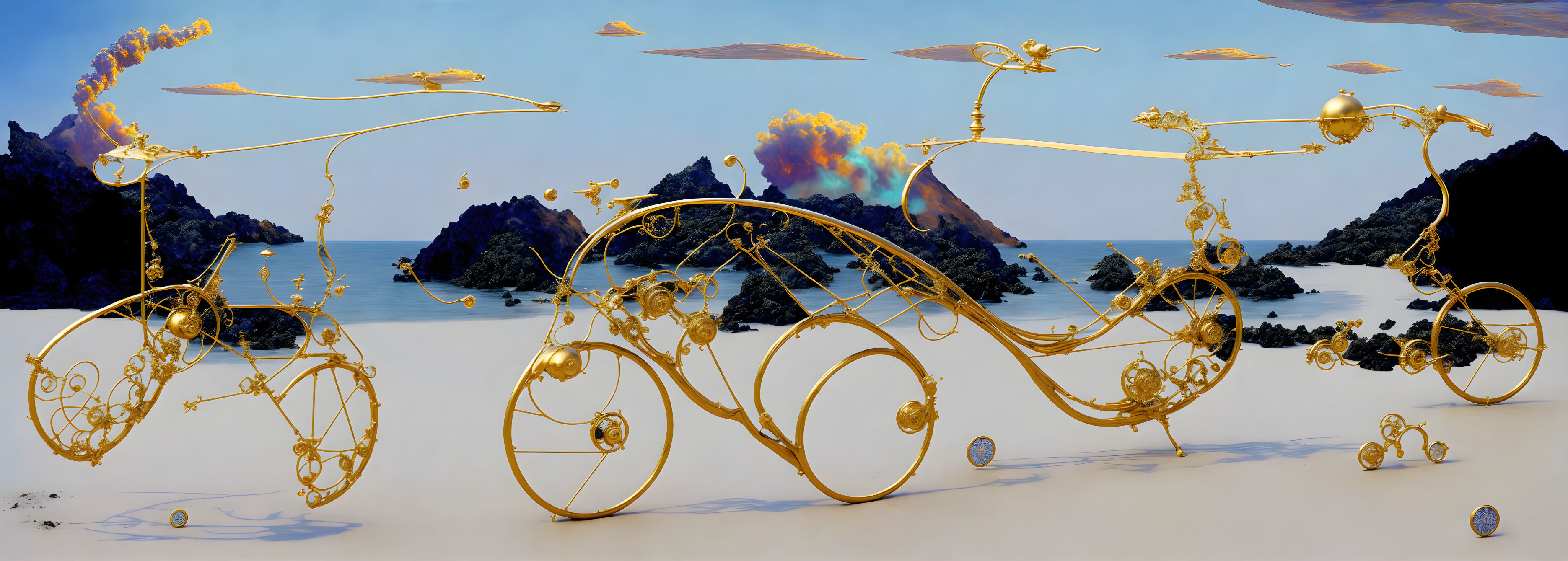 Surreal landscape featuring golden ornate structures on rocky terrain