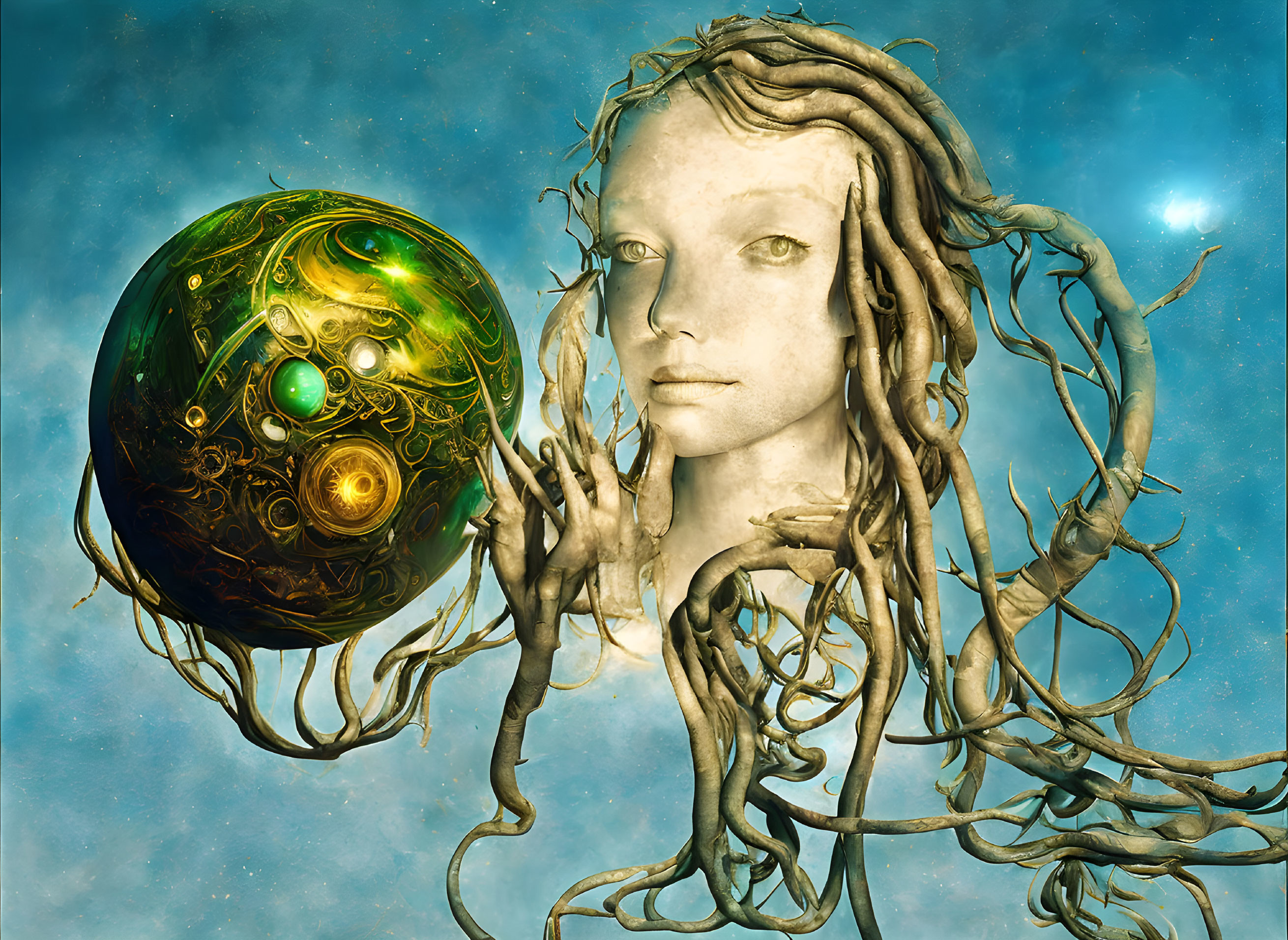 Surreal portrait of female figure with tree branch hair and glowing sphere