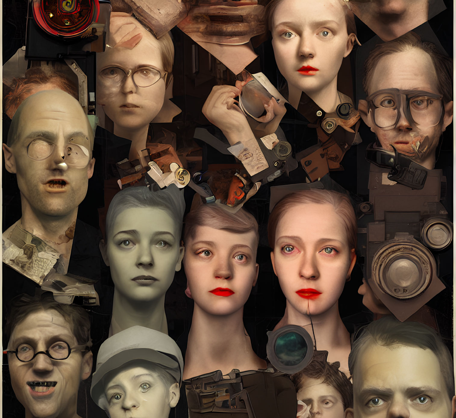 Surreal portrait collage with human and mechanical elements