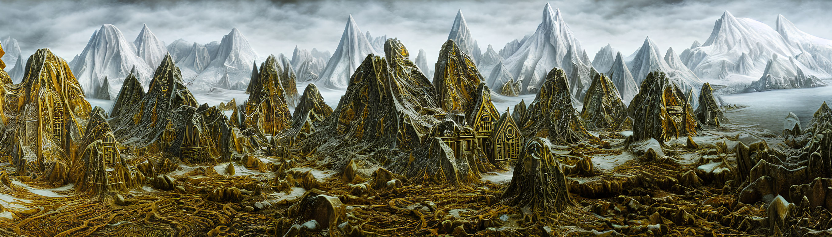 Fantastical mountain landscape with golden structures under dramatic sky