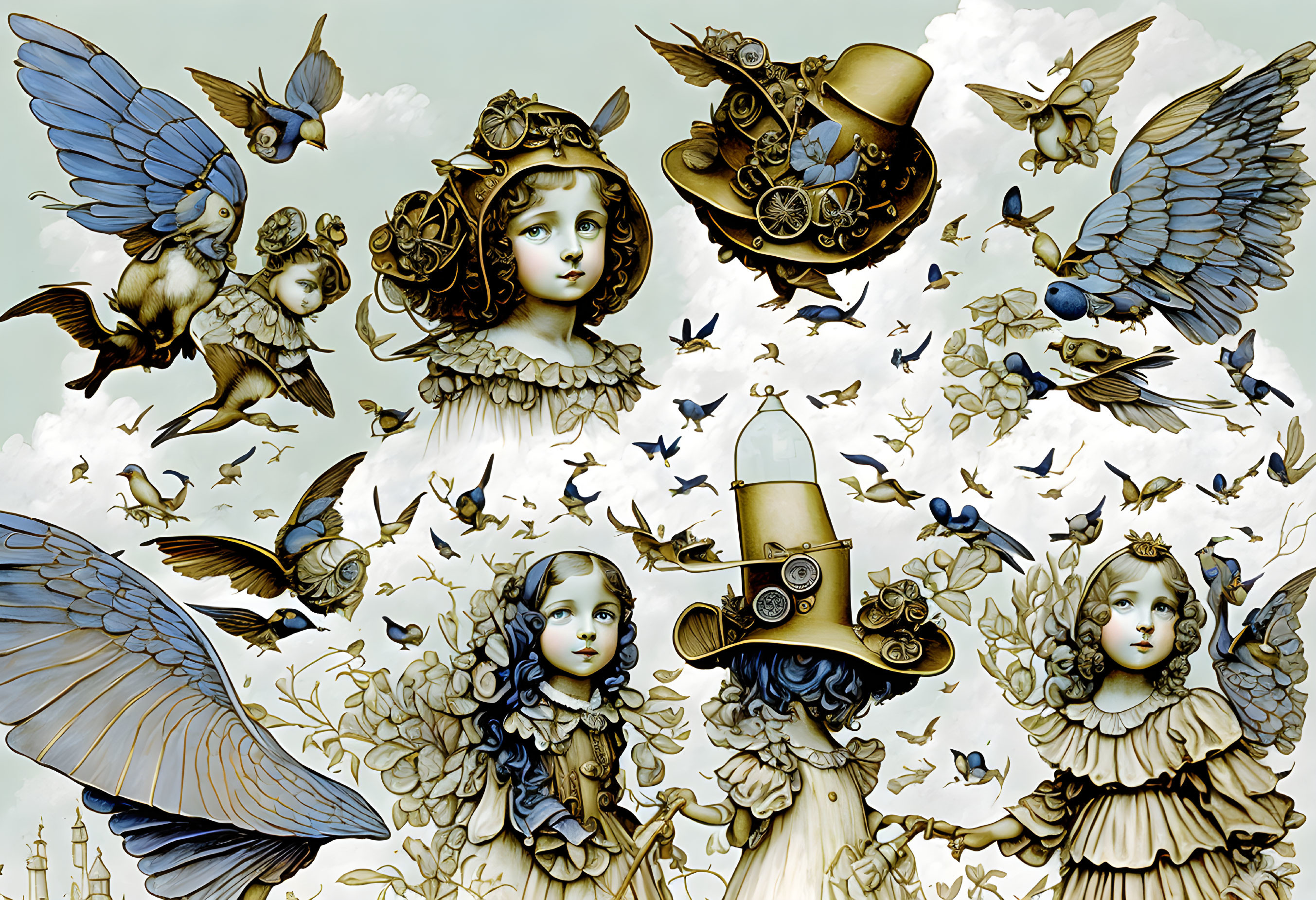 Victorian-style doll-like figures with angelic wings and birds in cloudy sky.