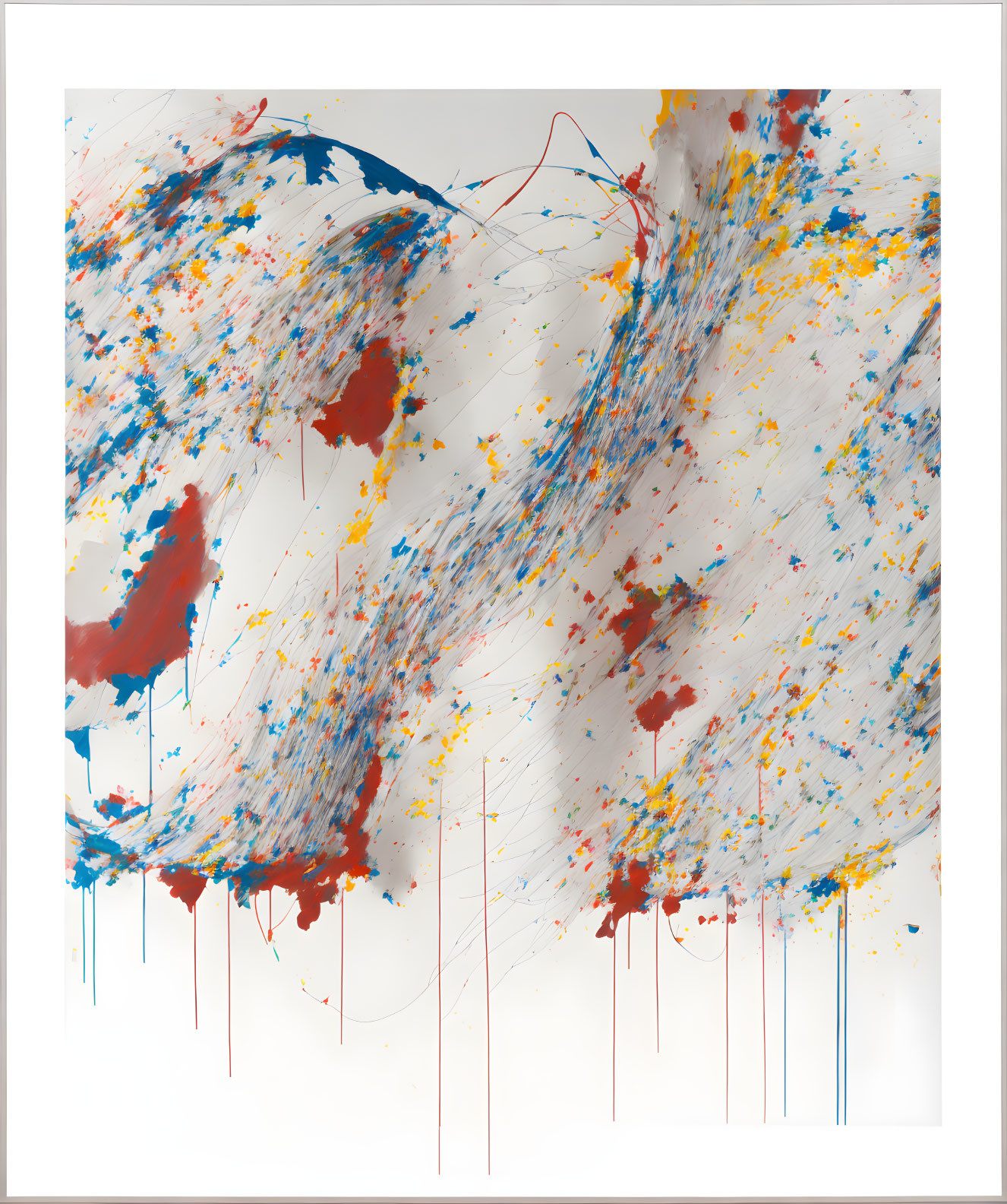 Dynamic Blue and Red Abstract Painting with Yellow Speckles on White Background