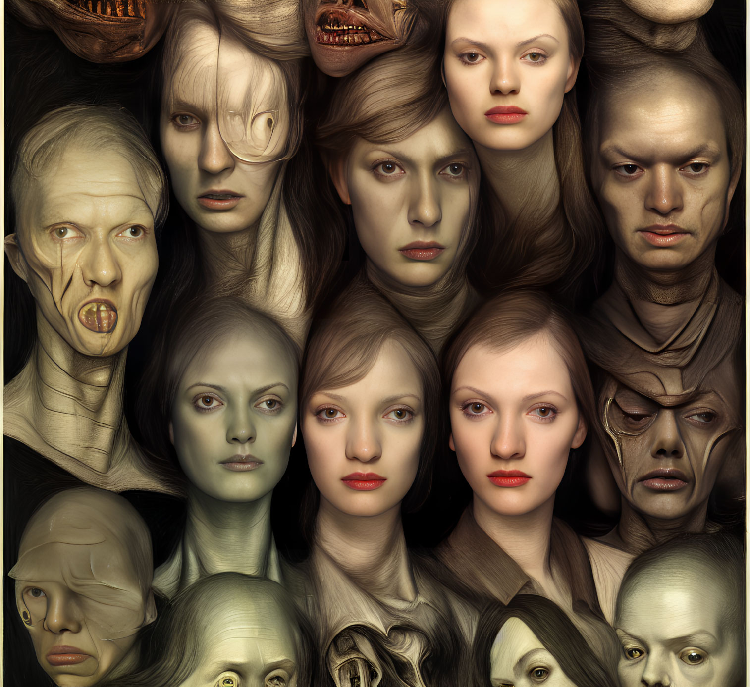 Surreal hyper-realistic faces collage with varied expressions