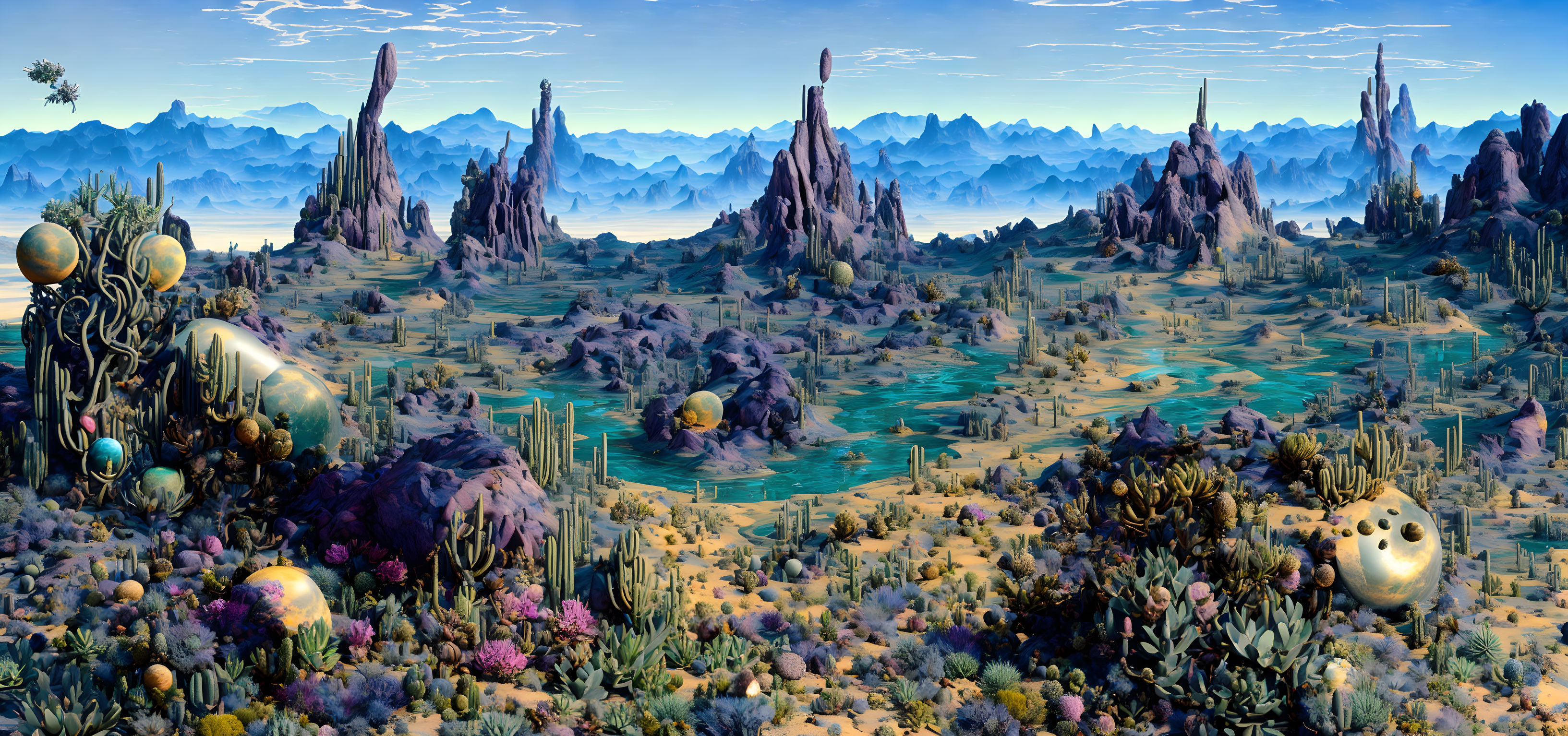 Surreal alien landscape with colorful flora and mysterious orbs