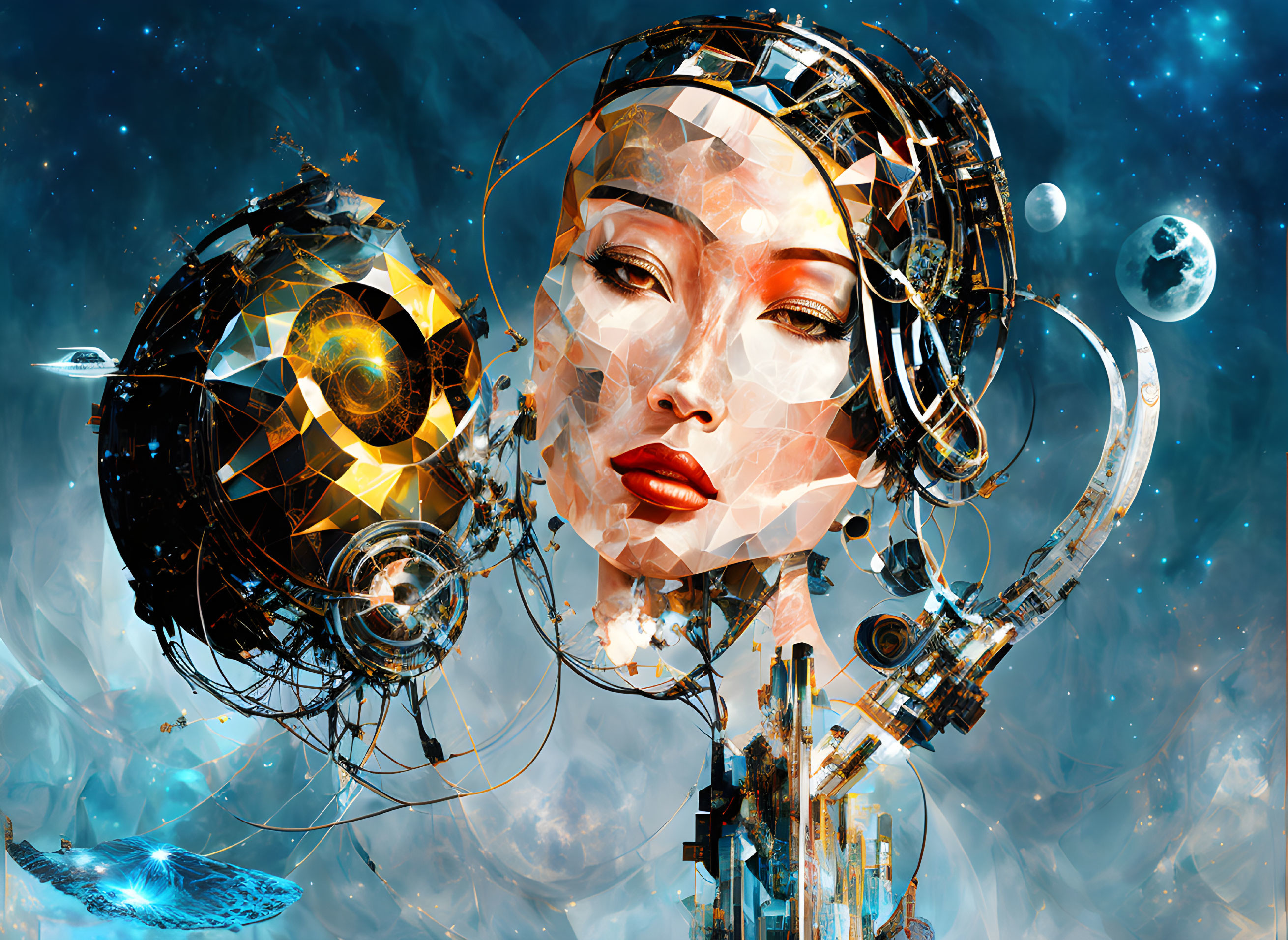 Futuristic digital art: Female android head with cosmic mechanical design