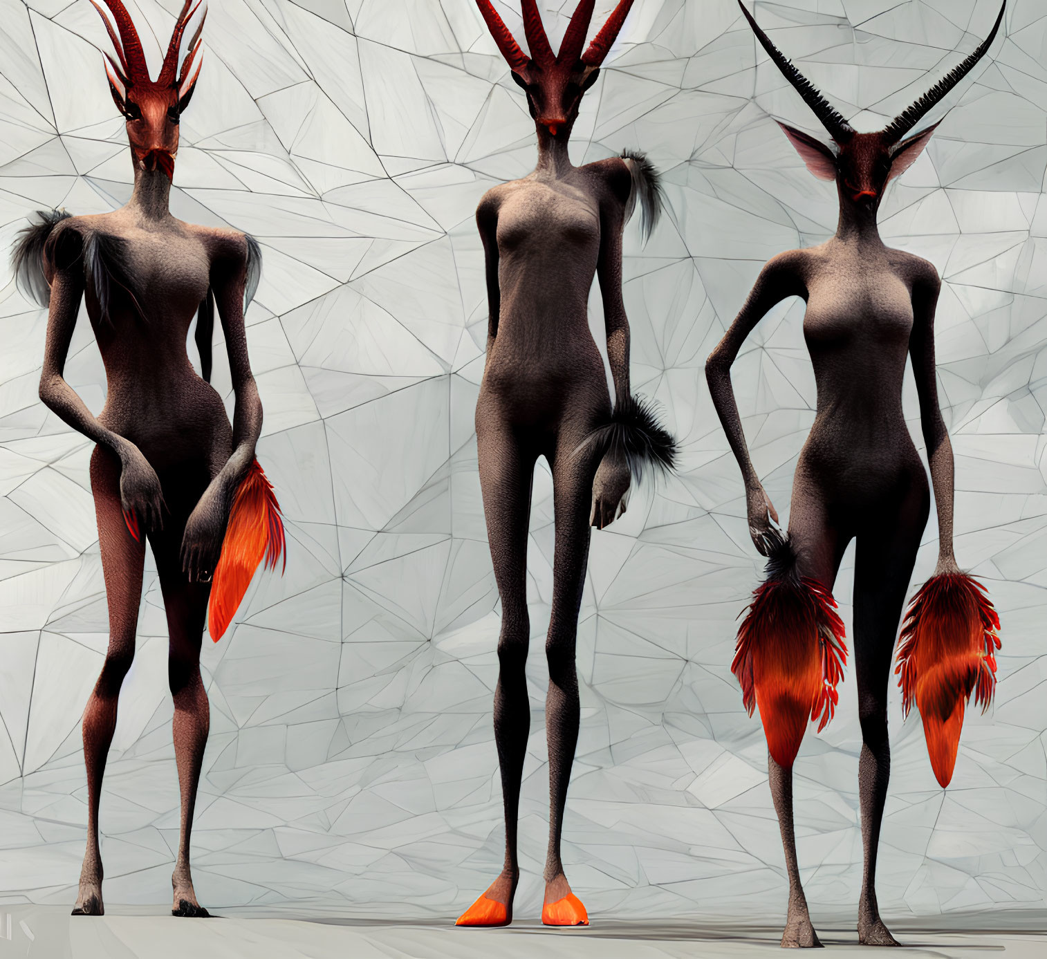 Red-skinned humanoid figures with avian-like heads and elongated limbs on geometric backdrop