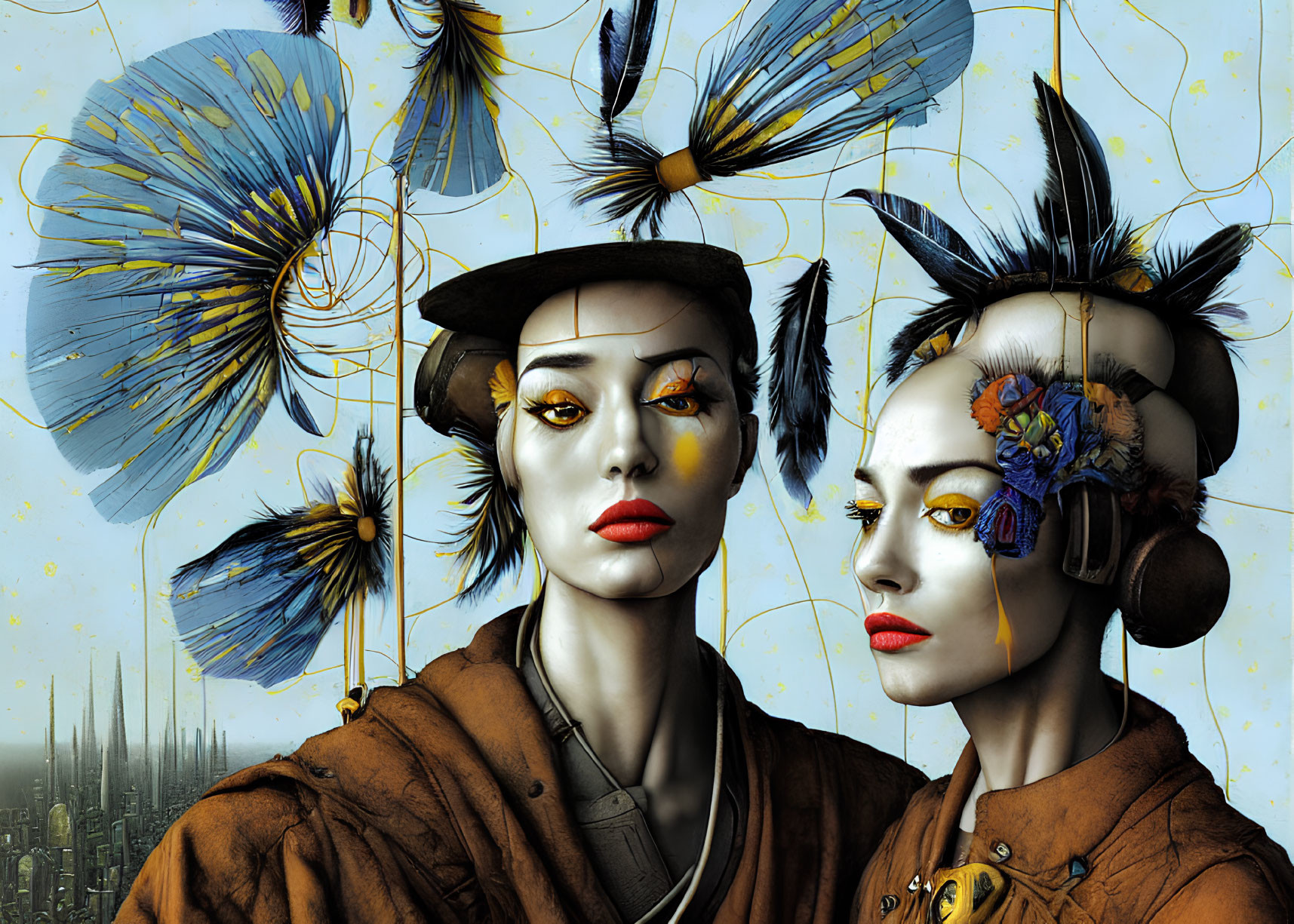 Stylized futuristic female figures with mechanical and floral motifs in architectural backdrop