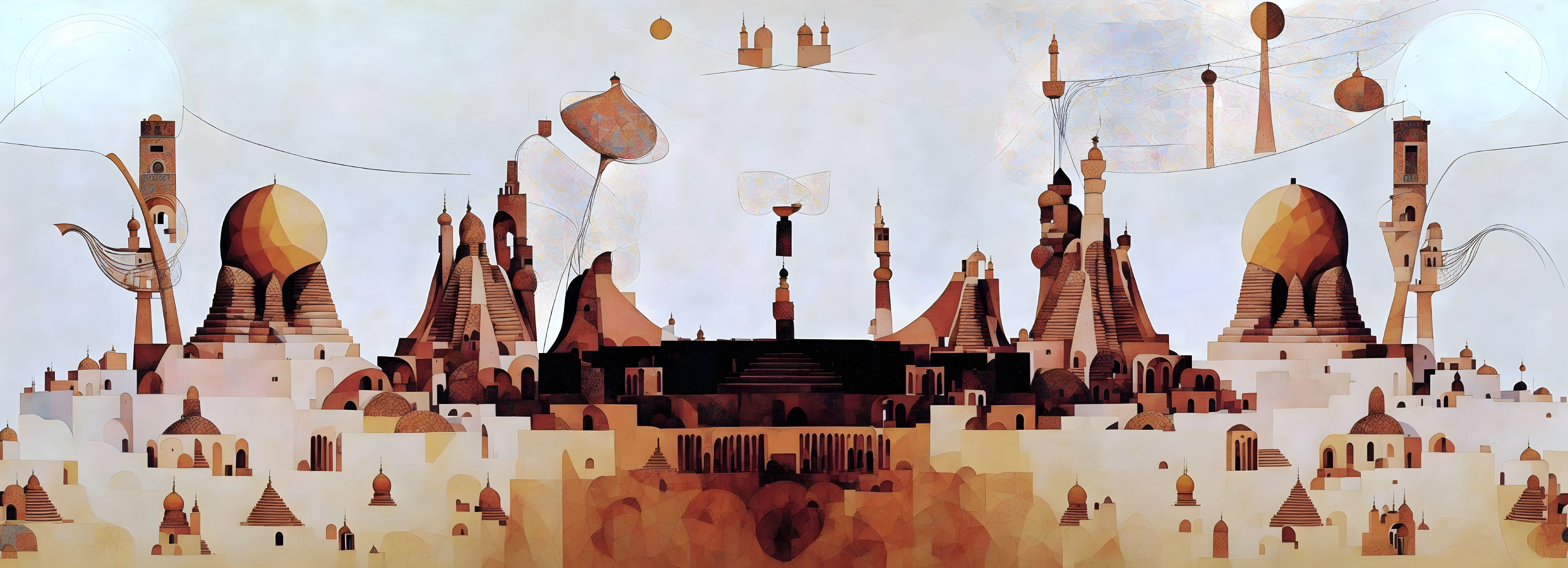 Panoramic Middle Eastern cityscape with warm tones and stylized architecture