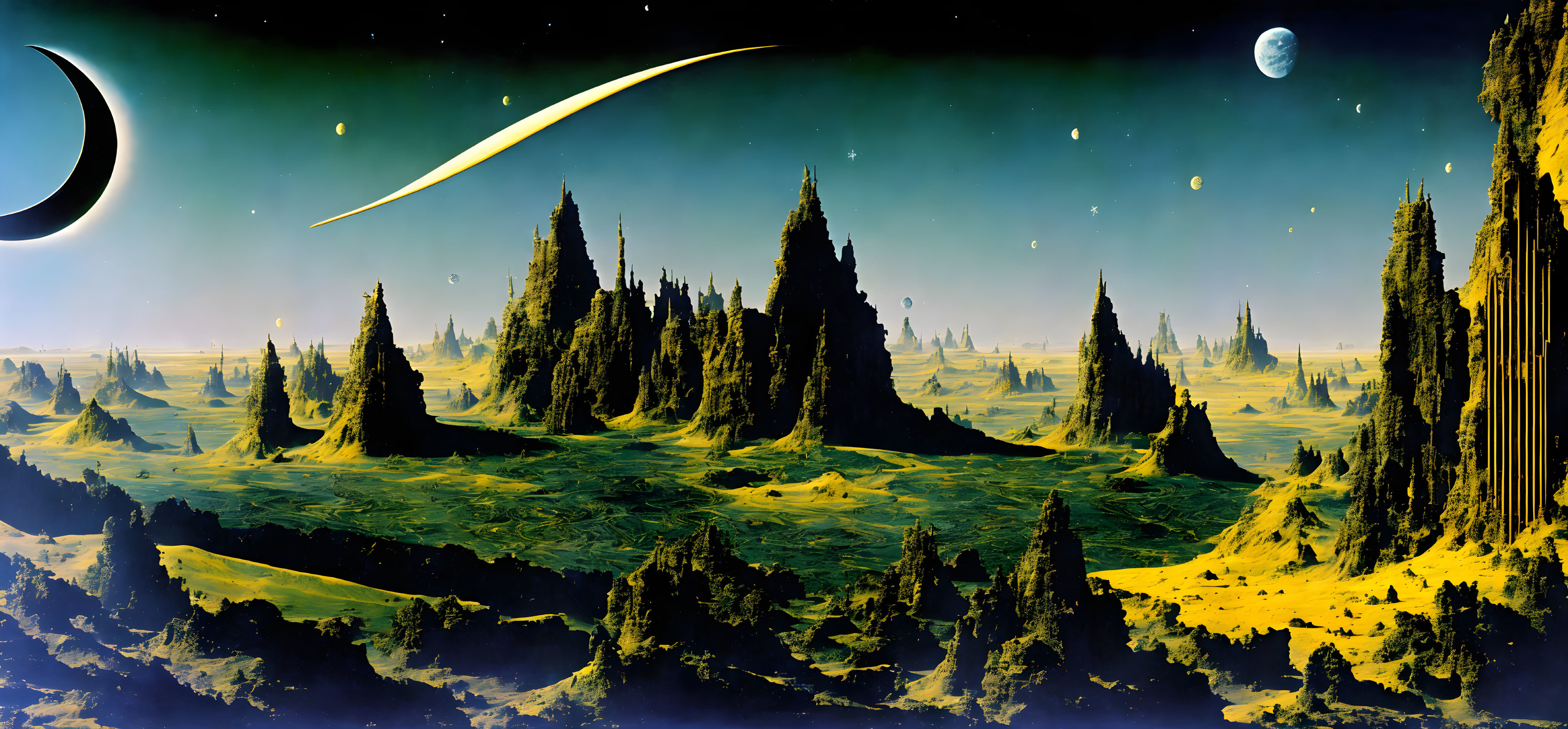 Surreal extraterrestrial landscape with spire-like formations, green terrain, and multiple moons in