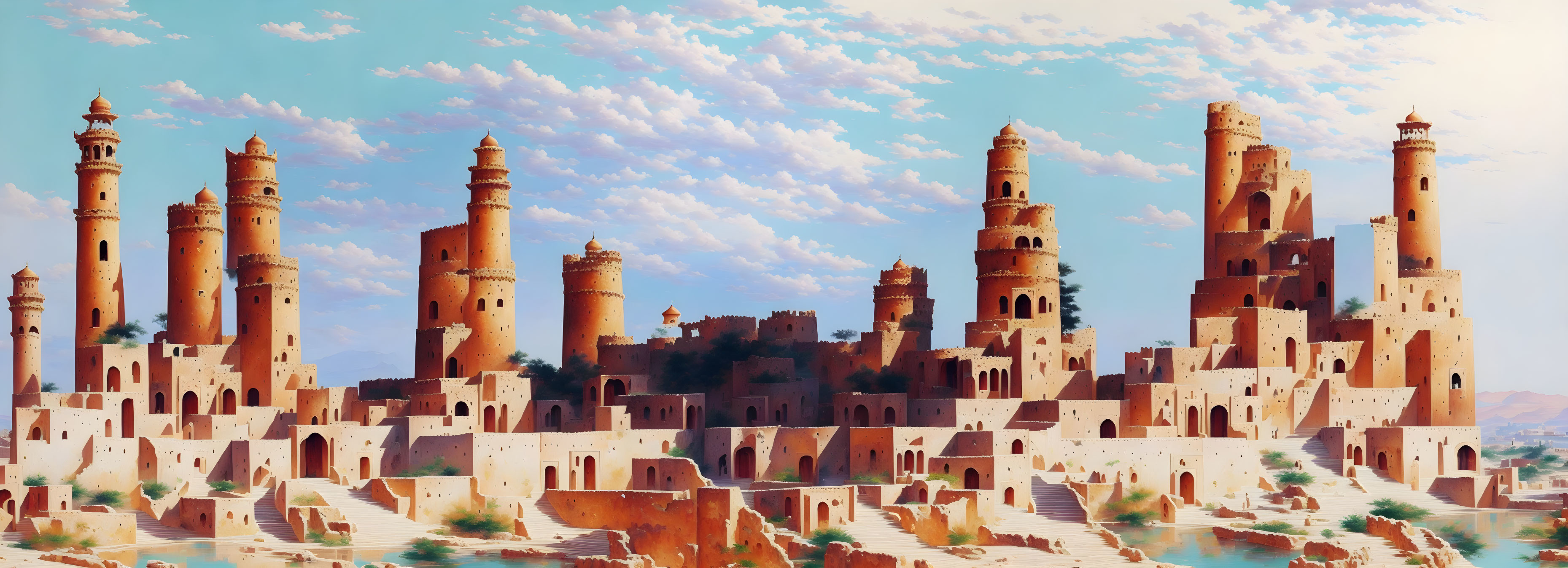 Fantastical desert cityscape with towering minarets and ancient sandy buildings