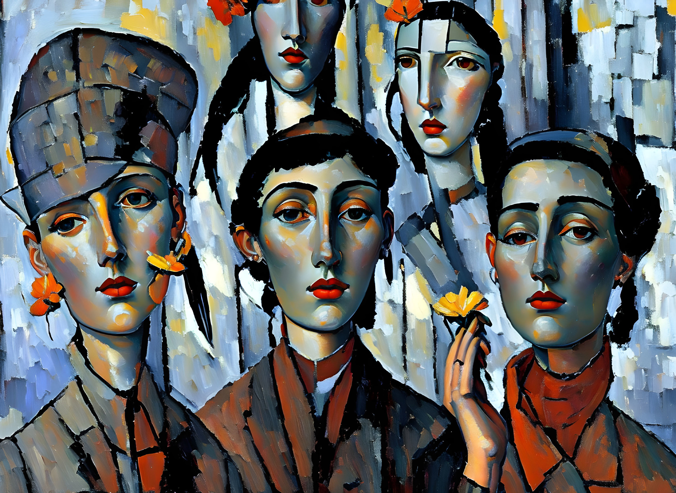 Colorful painting featuring five stylized female faces with hats, flowers, and bold eyes on abstract backdrop