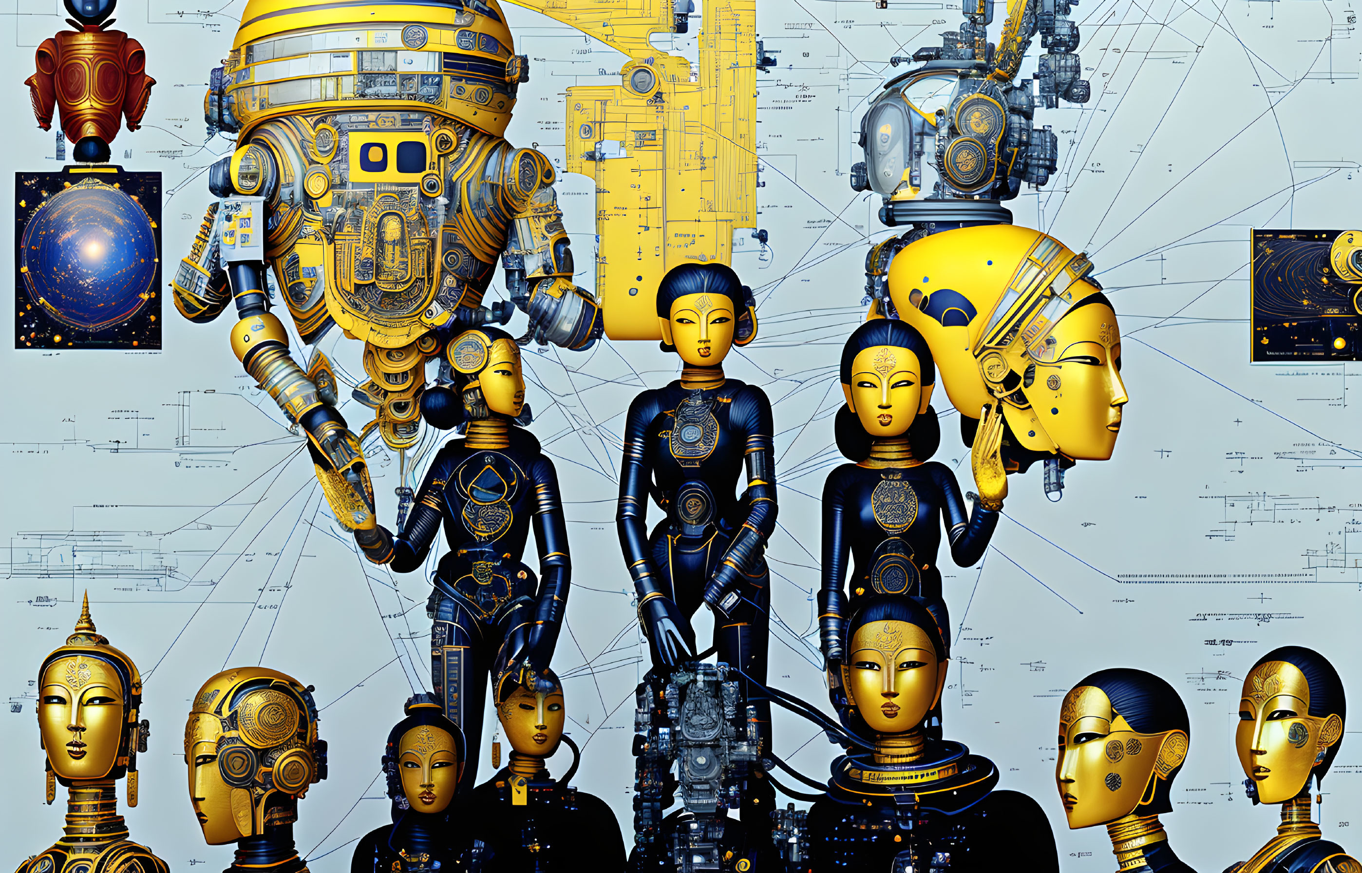 Futuristic Robots and Androids with Detailed Schematics Displayed