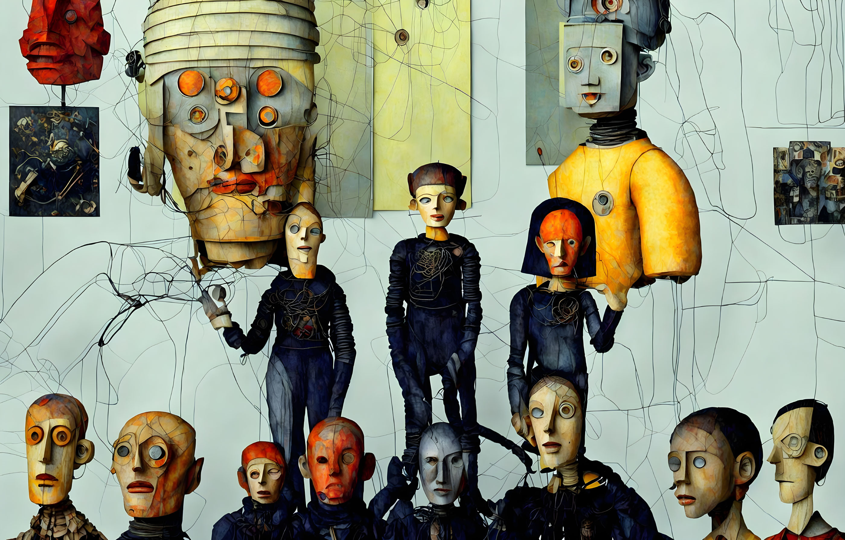 Surreal humanoid figures and faces in abstract art