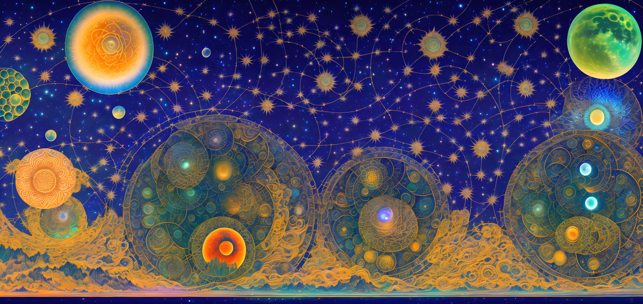 Colorful digital artwork of cosmic scene with celestial bodies and geometric patterns