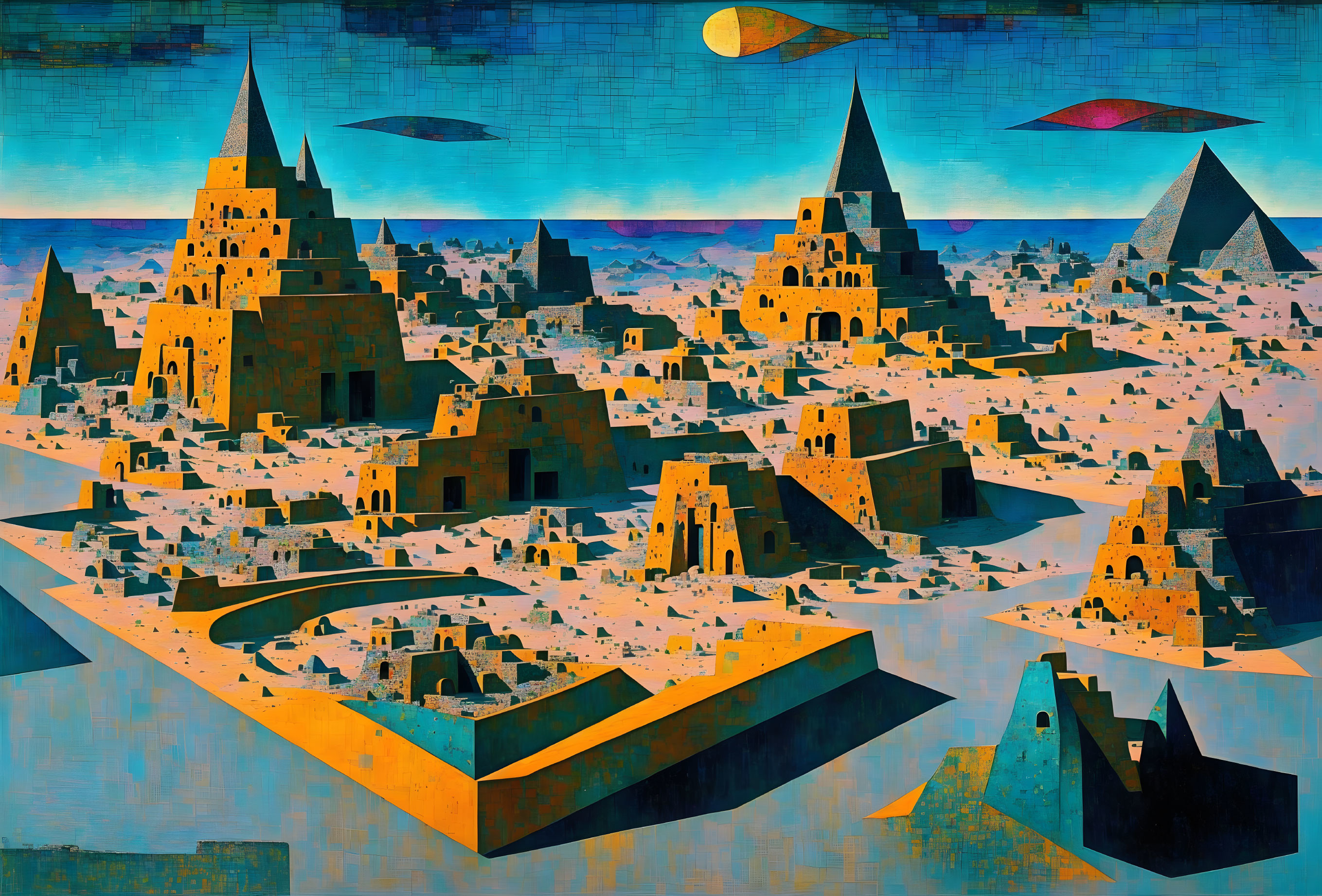 Colorful stylized painting of surreal desert cityscape with pointed towers and flying geometric shapes