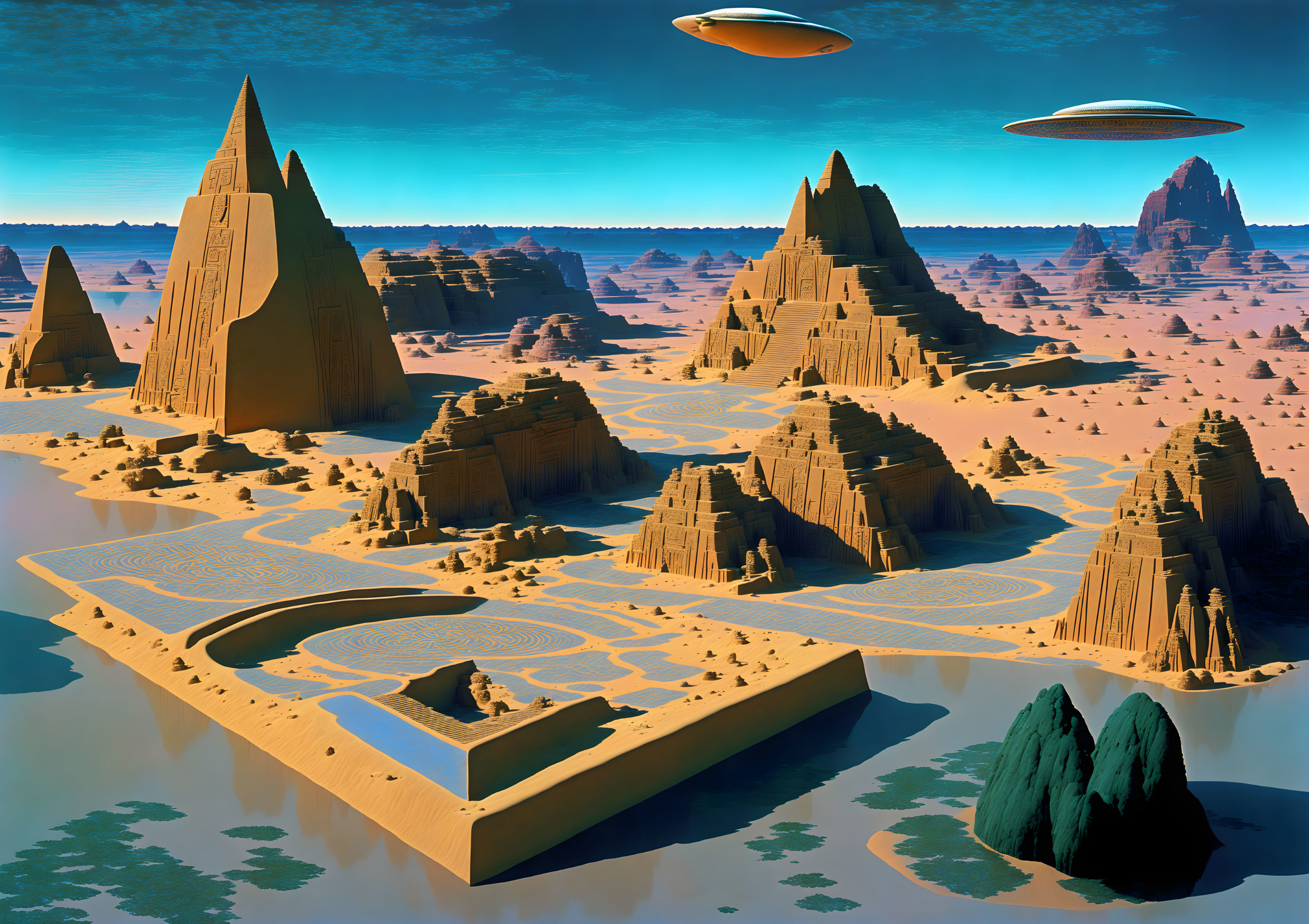 Advanced city structures in futuristic desert landscape with flying saucers