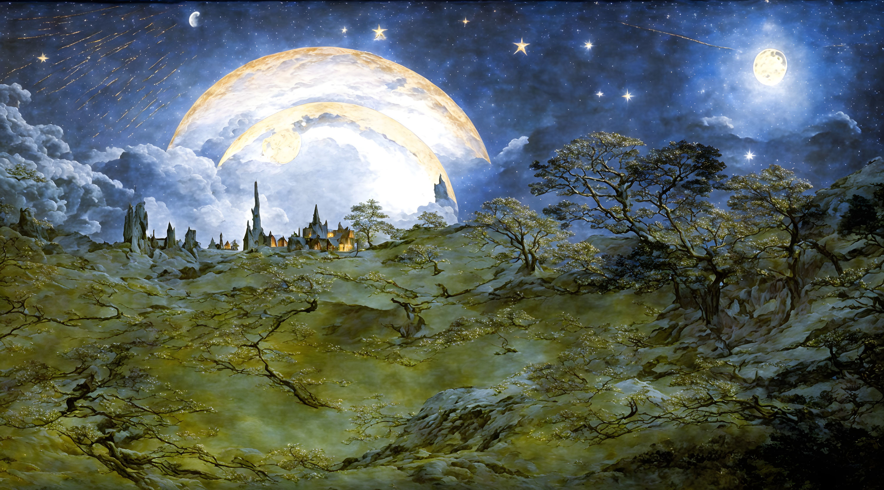 Fantastical landscape with moonlit castle on cliffs