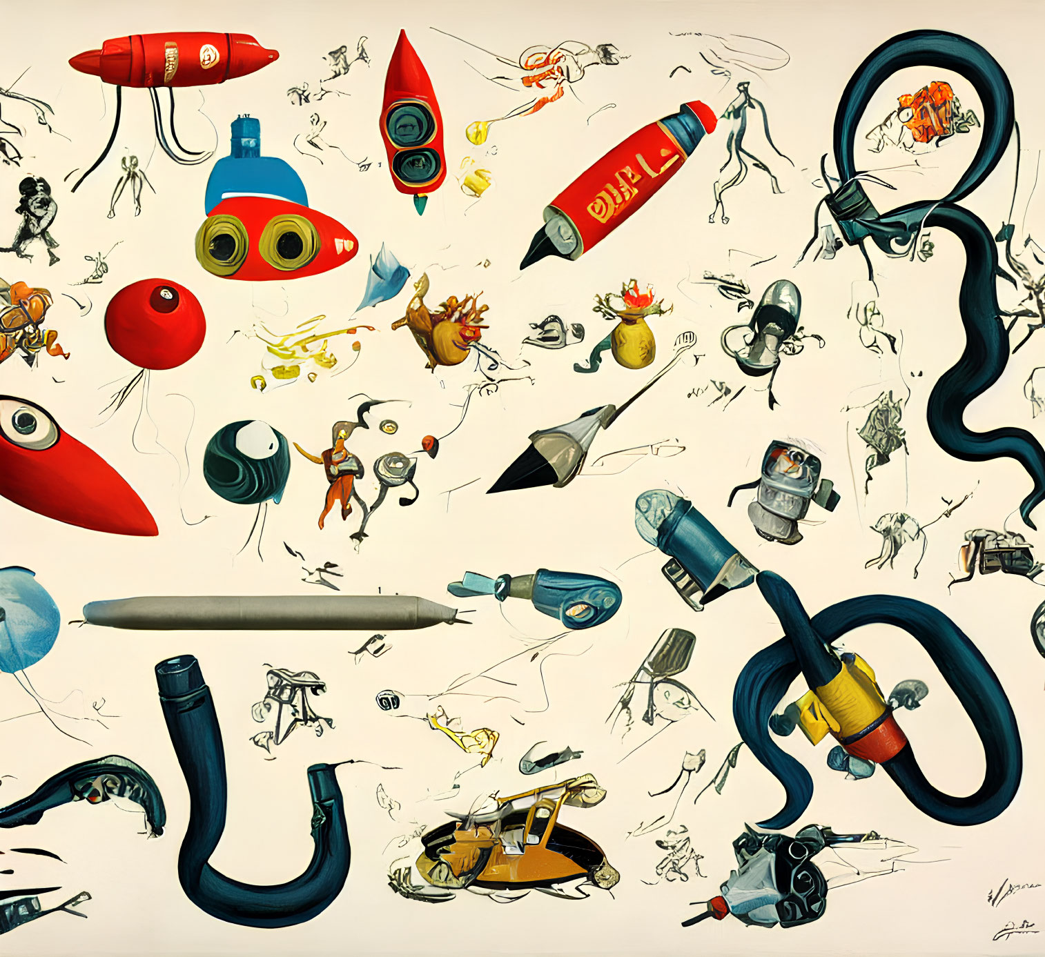 Whimsical retro-futuristic space-themed illustration with rockets, aliens, and robots