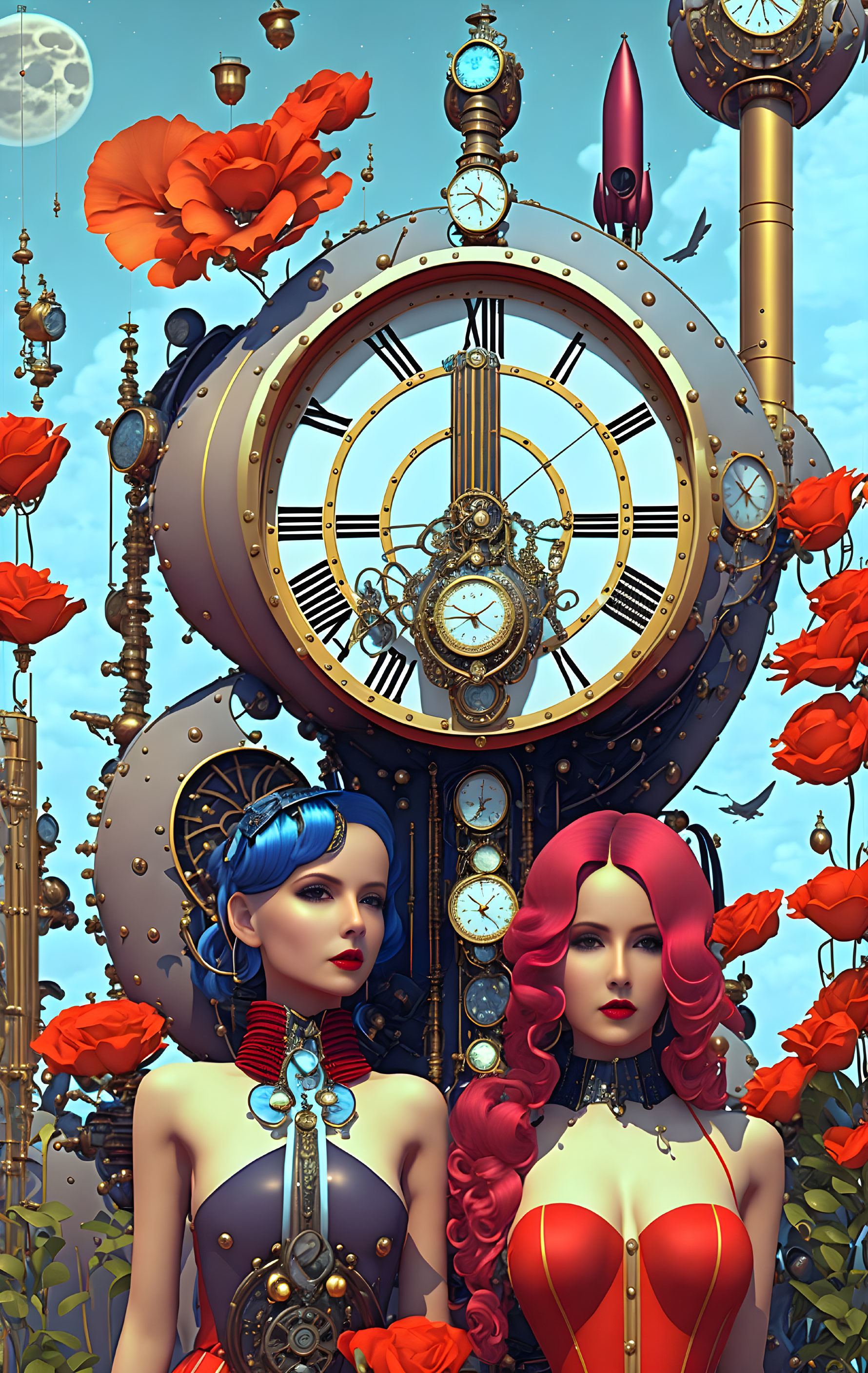 Two Women in Futuristic Victorian Attire by Large Ornate Clock