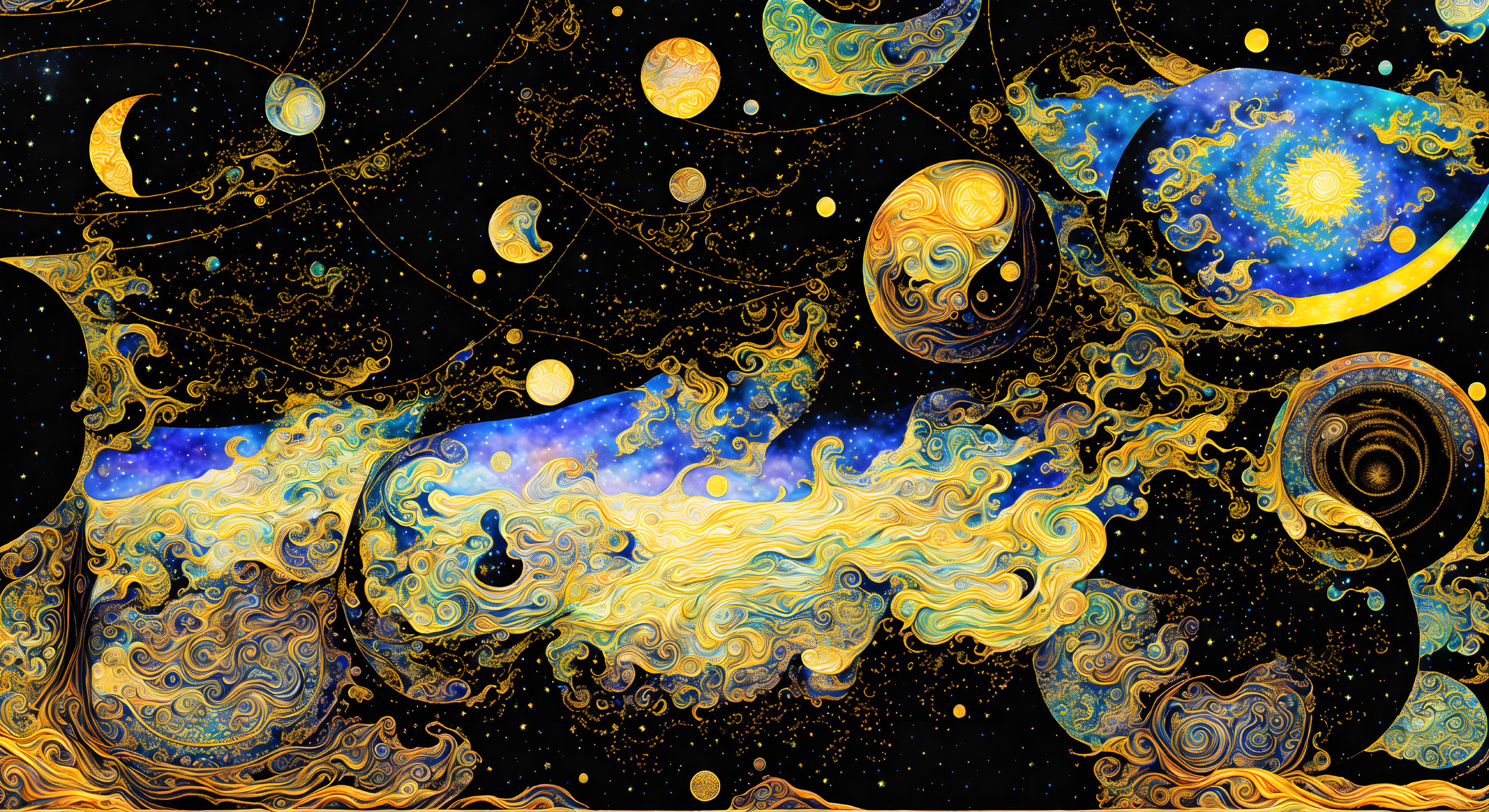 Vivid cosmic illustration: swirling van Gogh-inspired patterns of celestial bodies, stars, and nebul