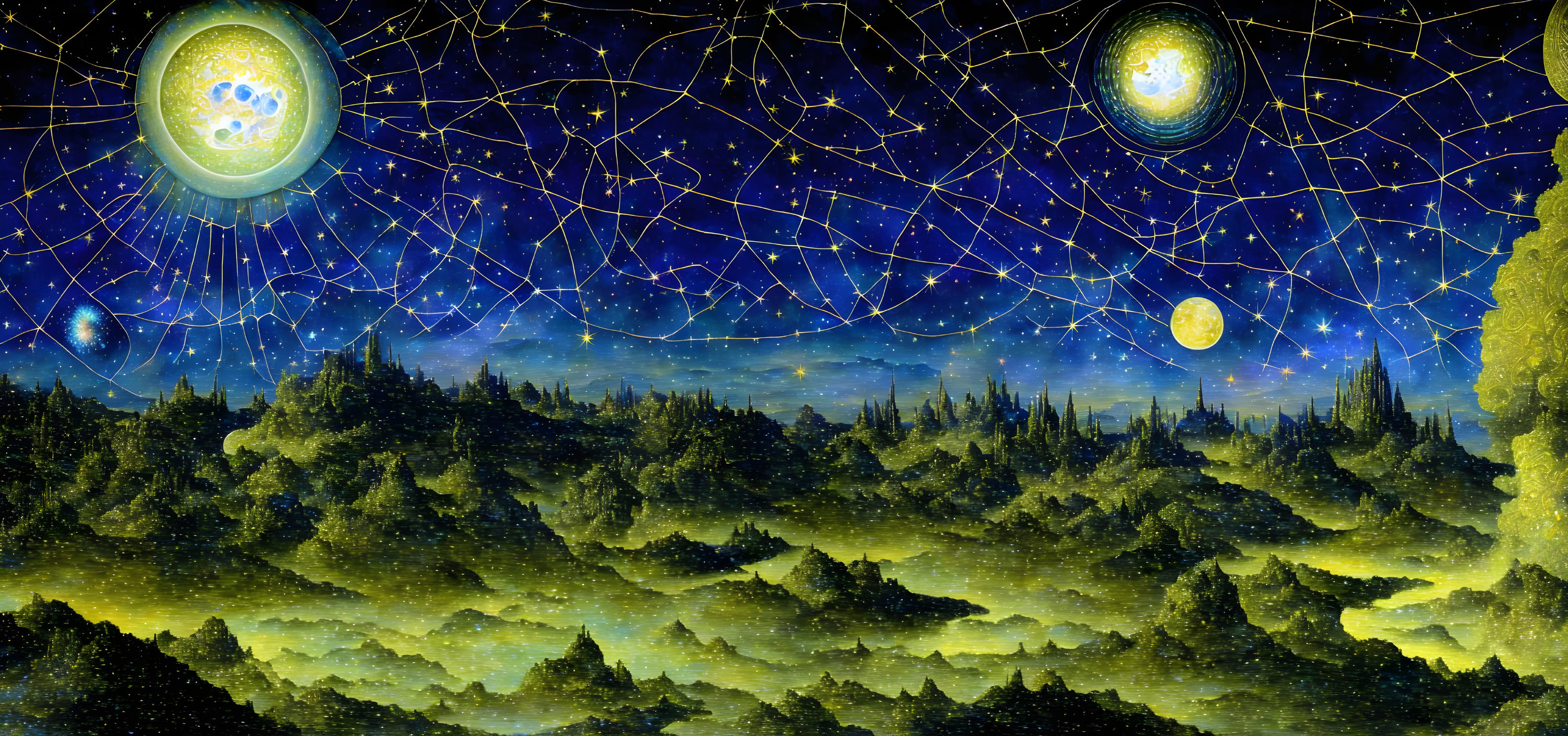 Fantastical landscape with starry sky and forest silhouette