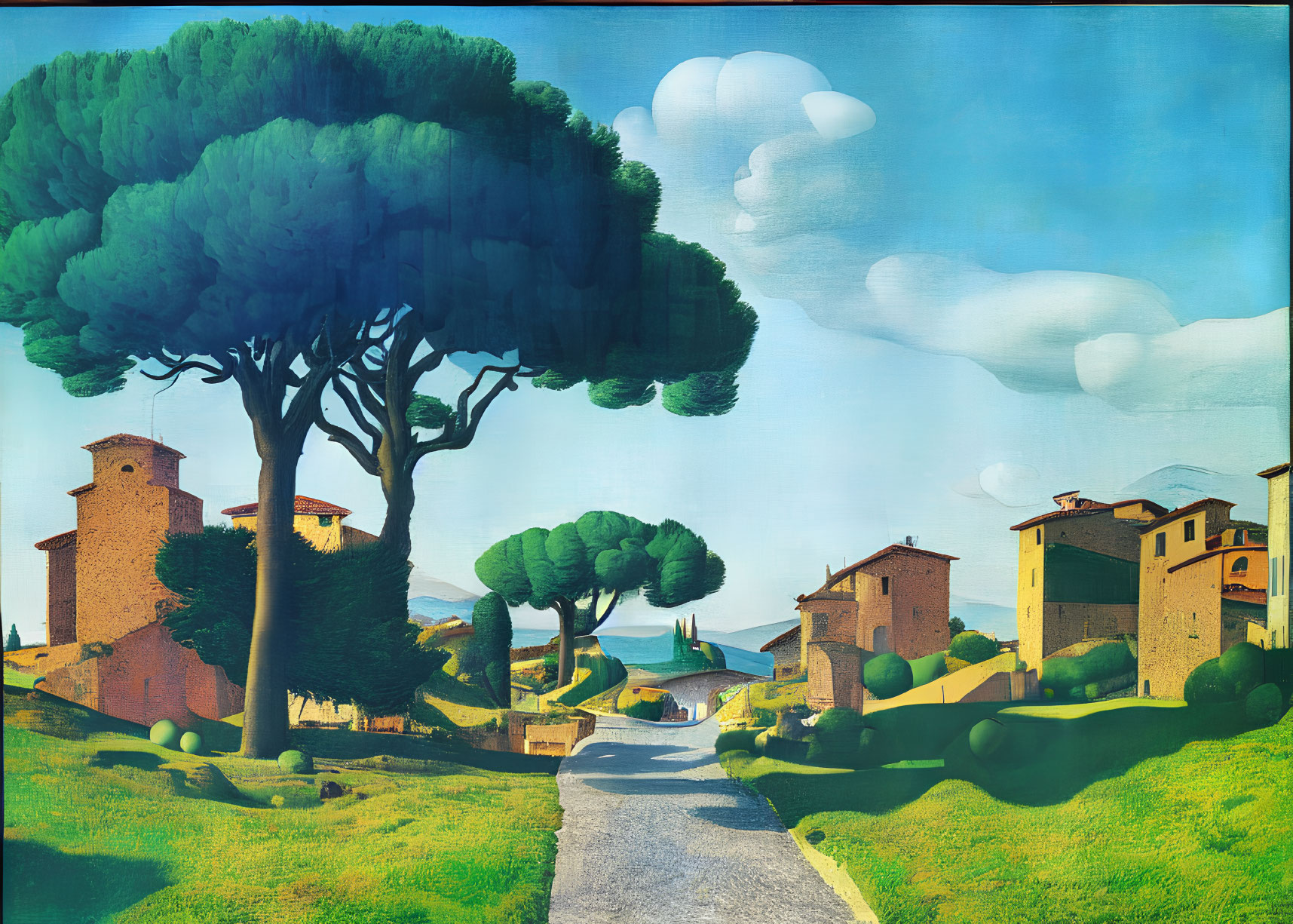 Tranquil landscape painting of winding road through village