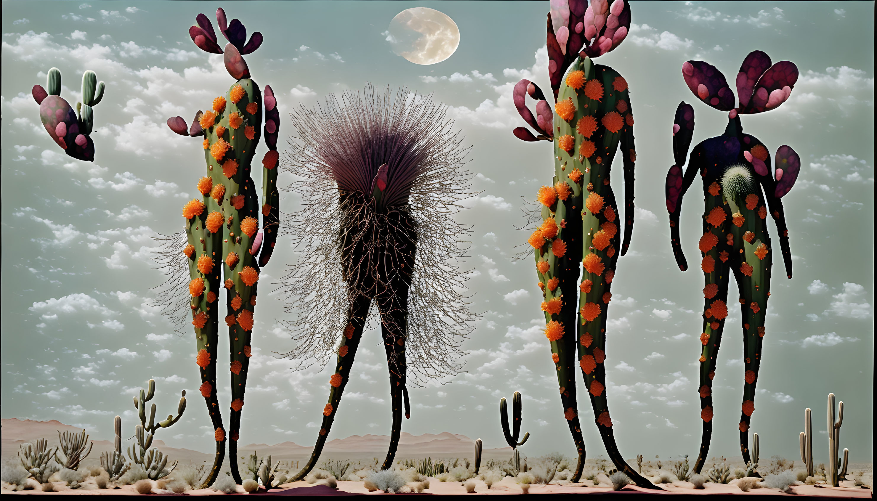 Colorful surreal desert landscape with cactus-like structures and oversized dandelion under a full moon