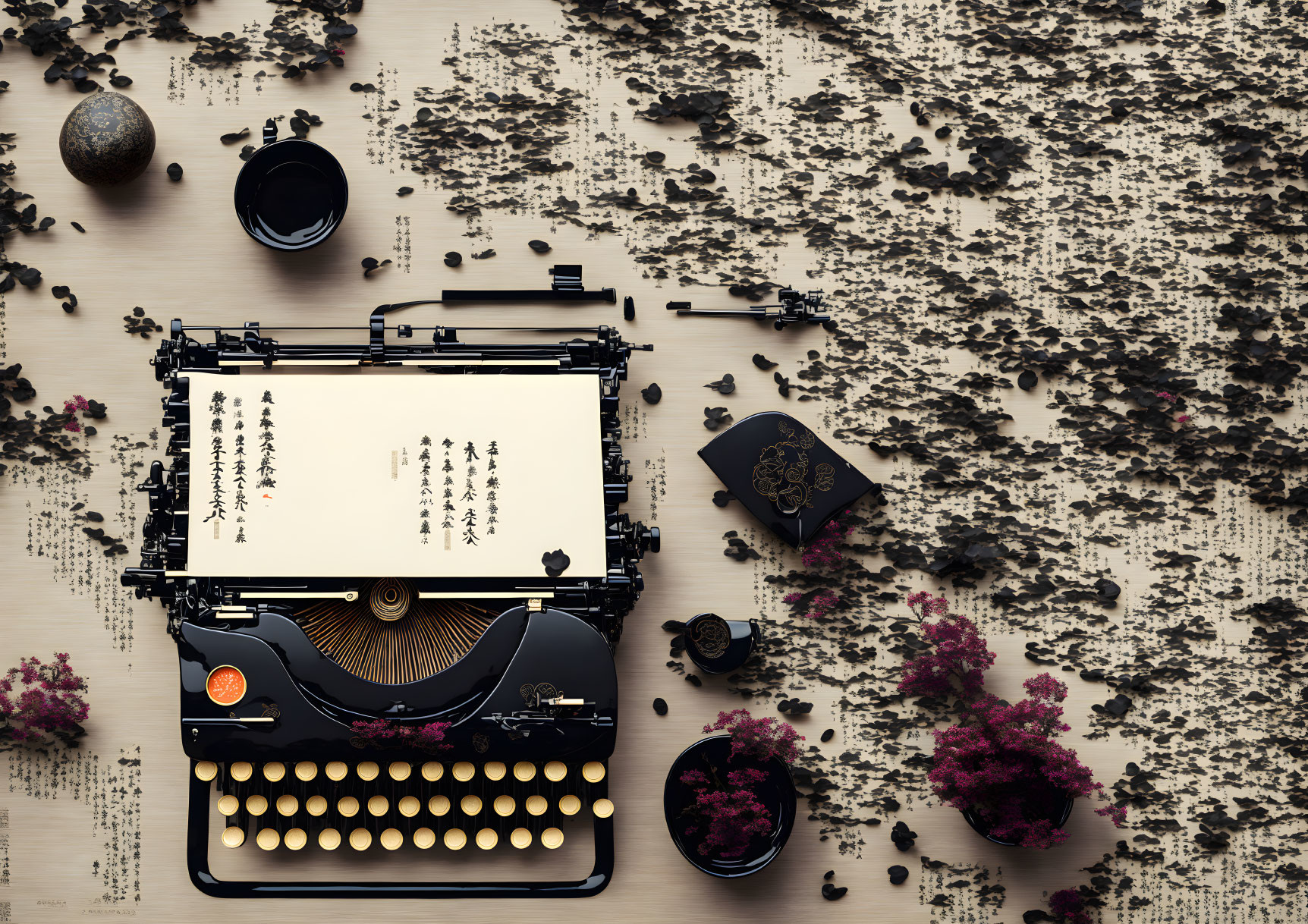 Vintage Typewriter with Paper & Pink Flowers on Wooden Background