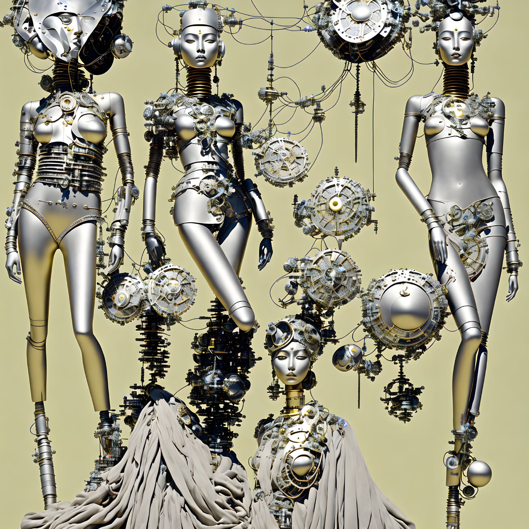 Futuristic female robots with intricate gears and mechanical parts