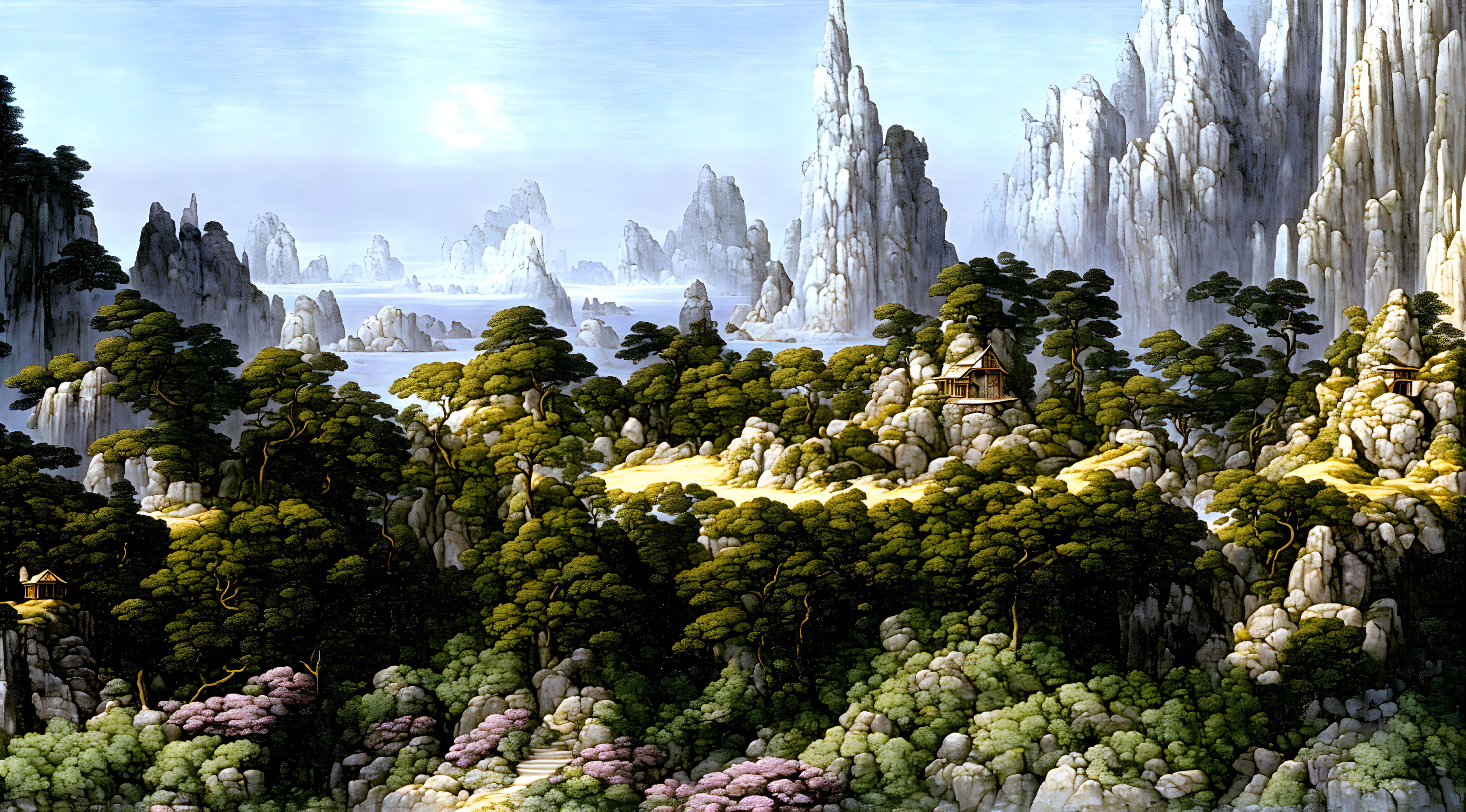 Fantastical landscape with lush forests, towering cliffs, and distant mountains