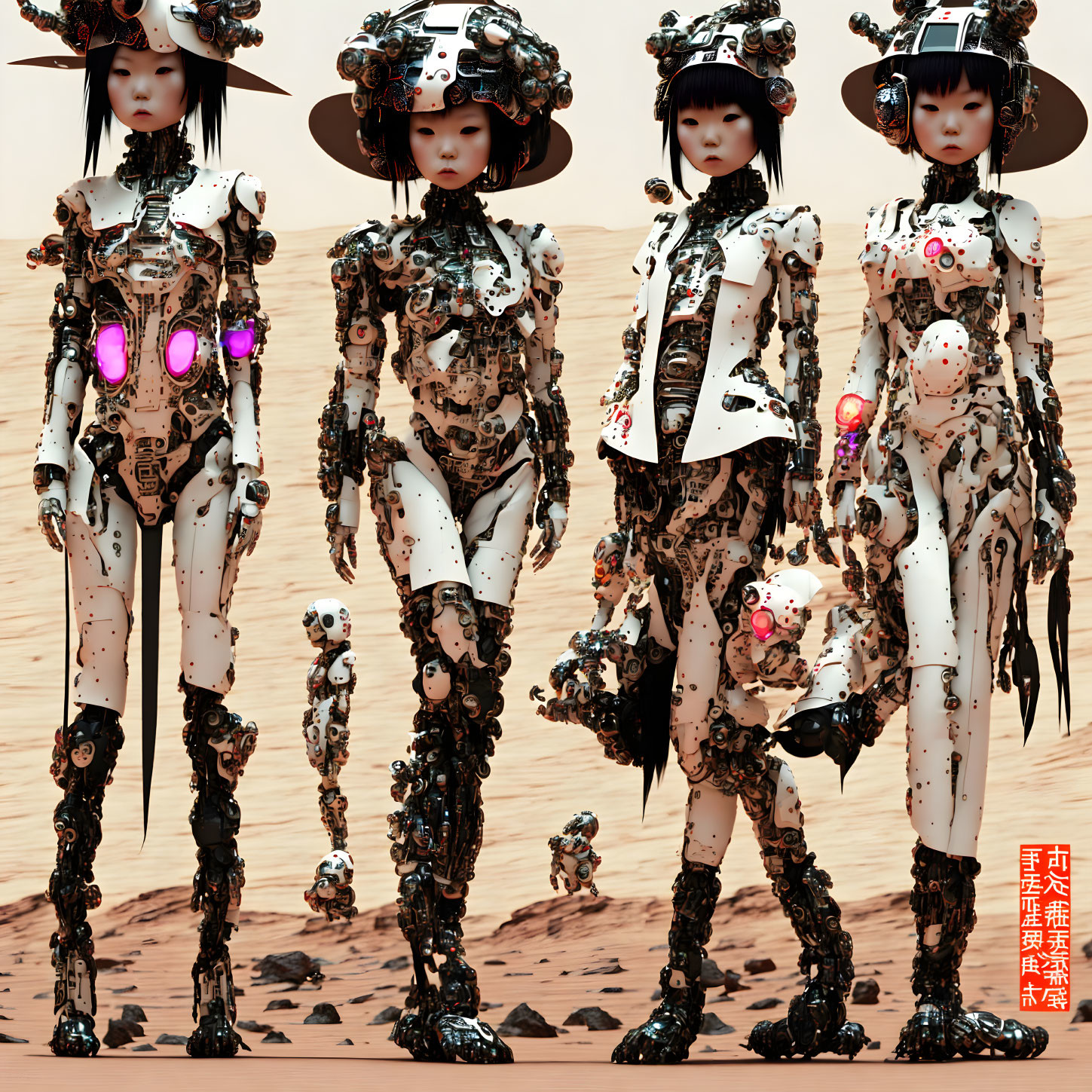 Four humanoid robots with intricate white armor and glowing pink elements on sandy surface