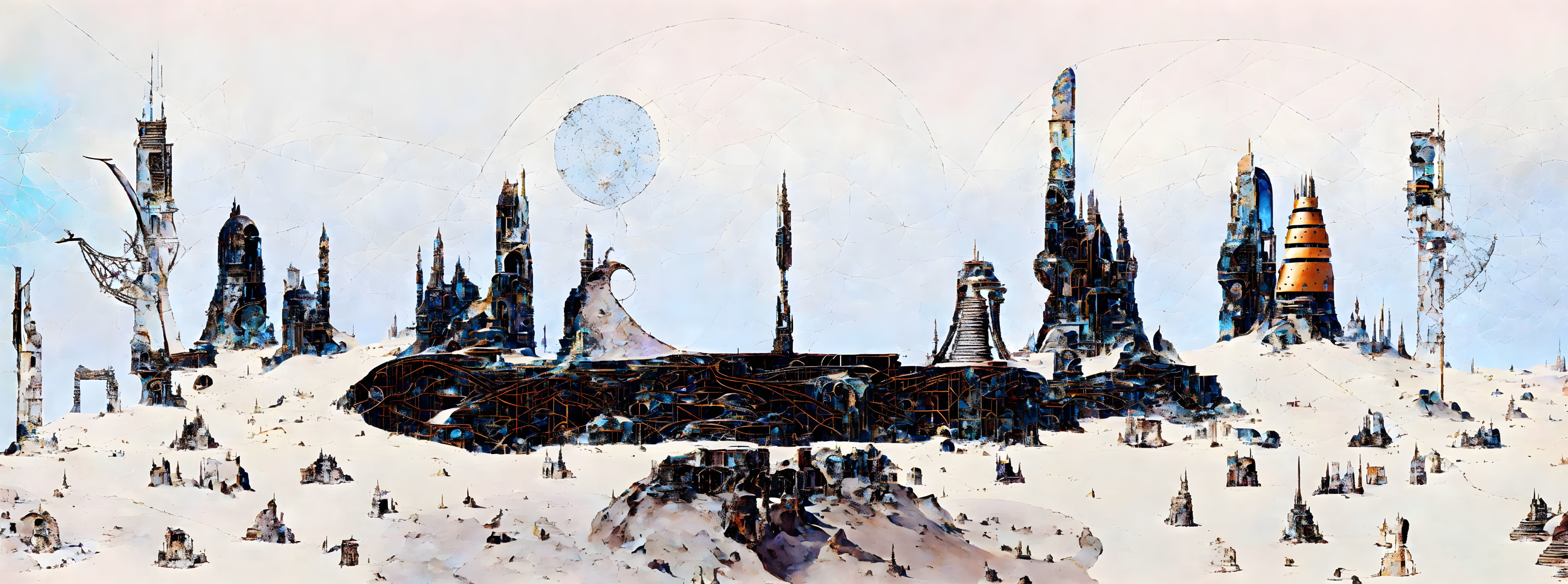 Panoramic dystopian cityscape painting with futuristic, decayed buildings in snowy environment