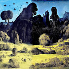 Fantastical landscape with floating islands and celestial bodies in Van Gogh style