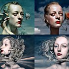 Four Stylized Futuristic Woman Portraits Against Cosmic Background