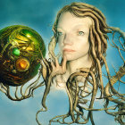 Surreal portrait of female figure with tree branch hair and glowing sphere