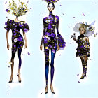 Three renderings of model in floral-themed outfit with butterflies on blue background