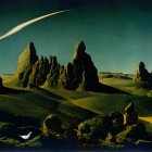 Surreal landscape with towering rock formations, green field, multiple moons, and comet.