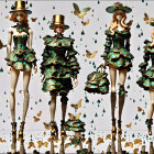 Stylized mannequins in green and gold attire with butterflies