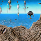 Surreal landscape with floating figures, bones, and mechanical elements