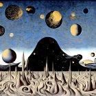 Surreal panoramic landscape with planets and moons in blue sky