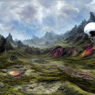 Surreal landscape with icy peaks, rocky plateaus, interconnected lakes, and floating sphere