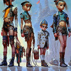 Stylized children in vintage explorer outfits under cloudy sky