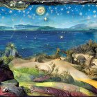 Panoramic whimsical seascape art: day to night transition, starry skies, towns,