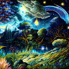 Fantasy landscape with luminous plants, starlit lake, mountains, night sky.