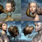 3D composite image: Female figure with mechanical parts in surreal landscape