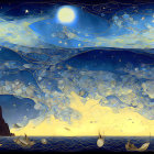 Surreal nocturnal seascape with swirling sky patterns, glowing moon, stars, rock silhouette,