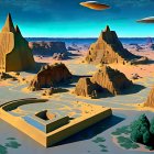 Advanced city structures in futuristic desert landscape with flying saucers