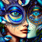 Detailed female face with blue feathers, masks, and birds in a mystical artwork