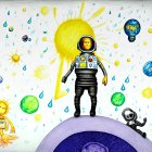 Surreal digital artwork: humanoid figures, cosmic setting, yellow orb, blue planet